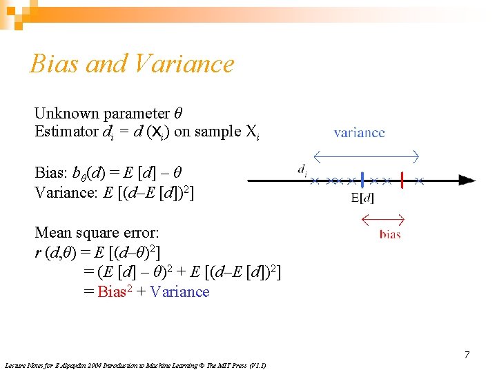 Bias and Variance Unknown parameter θ Estimator di = d (Xi) on sample Xi