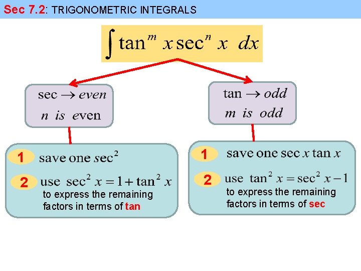 Sec 7. 2: TRIGONOMETRIC INTEGRALS 1 1 2 2 to express the remaining factors