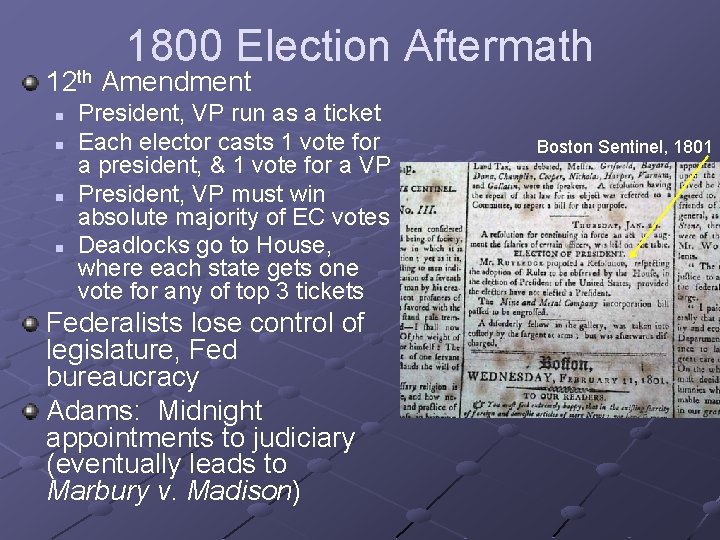 1800 Election Aftermath 12 th Amendment n n President, VP run as a ticket 1800 Election Aftermath 12 th Amendment n n President, VP run as a ticket