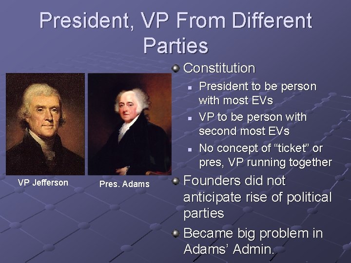 President, VP From Different Parties Constitution n VP Jefferson Pres. Adams President to be President, VP From Different Parties Constitution n VP Jefferson Pres. Adams President to be