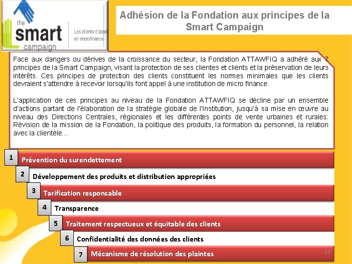 Adhésion de la Fondation aux principes de la Smart Campaign Face aux dangers ou