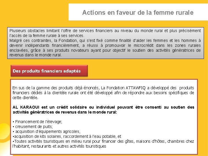 Actions en faveur de la femme rurale Plusieurs obstacles limitant l’offre de services financiers