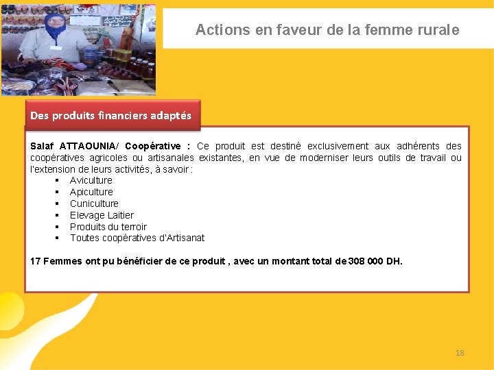 Actions en faveur de la femme rurale Des produits financiers adaptés Salaf ATTAOUNIA/ Coopérative