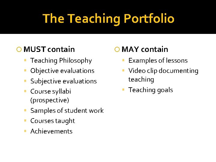 The Teaching Portfolio MUST contain MAY contain Teaching Philosophy Examples of lessons Objective evaluations