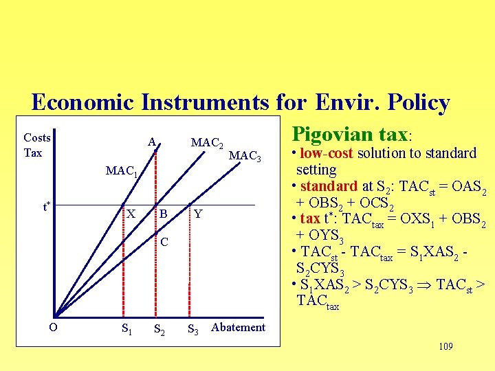 Economic Instruments for Envir. Policy Costs Tax A MAC 2 MAC 1 t* X