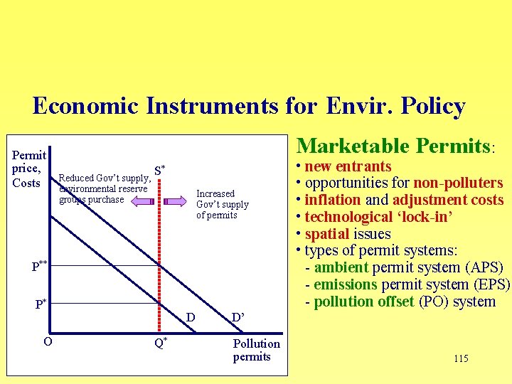 Economic Instruments for Envir. Policy Permit price, Costs Marketable Permits: Reduced Gov’t supply, environmental