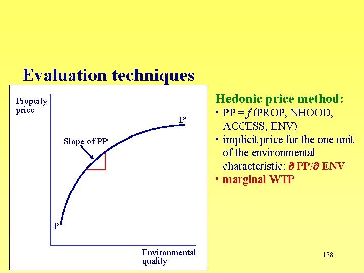 Evaluation techniques Hedonic price method: Property price P Slope of PP • PP =