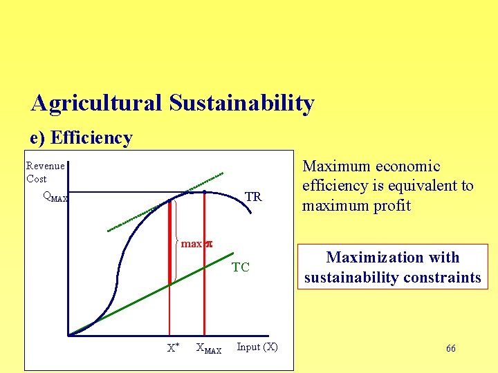 Agricultural Sustainability e) Efficiency Revenue Cost TR QMAX max p TC X* XMAX Input