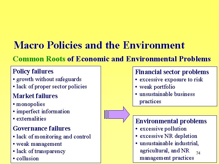 Macro Policies and the Environment Common Roots of Economic and Environmental Problems Policy failures