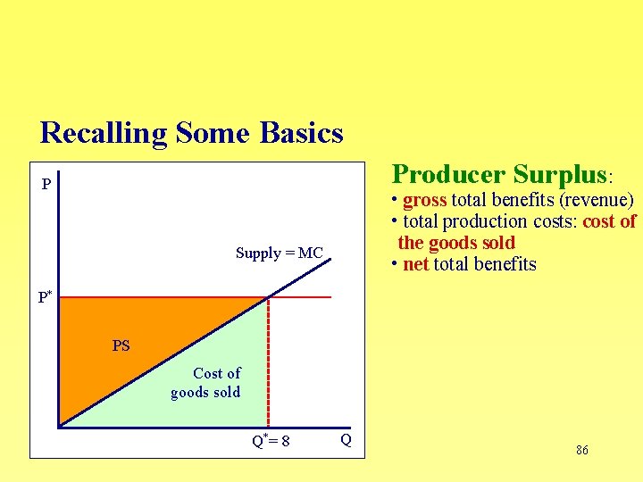 Recalling Some Basics Producer Surplus: P • gross total benefits (revenue) • total production