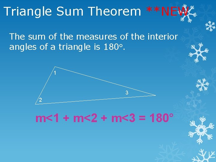 Triangle Sum Theorem **NEW The sum of the measures of the interior angles of