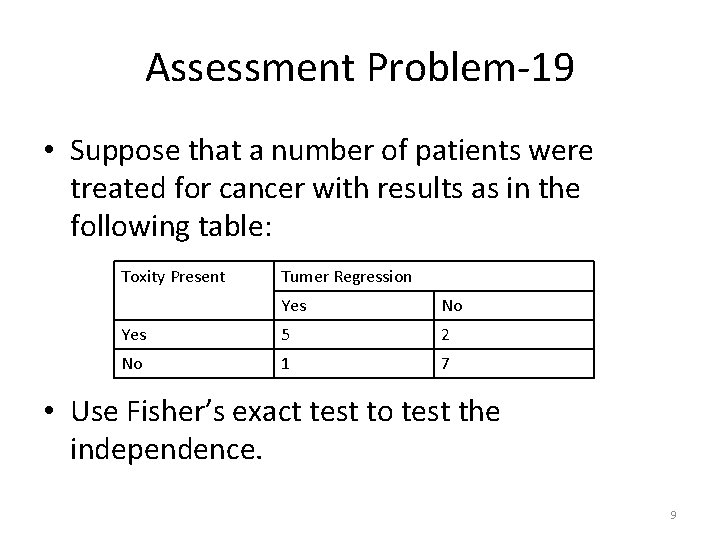 Assessment Problem-19 • Suppose that a number of patients were treated for cancer with