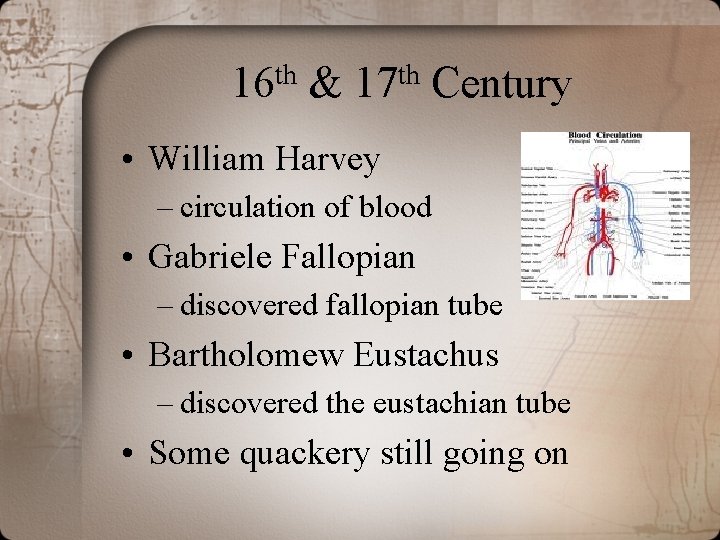 th 16 & th 17 Century • William Harvey – circulation of blood •