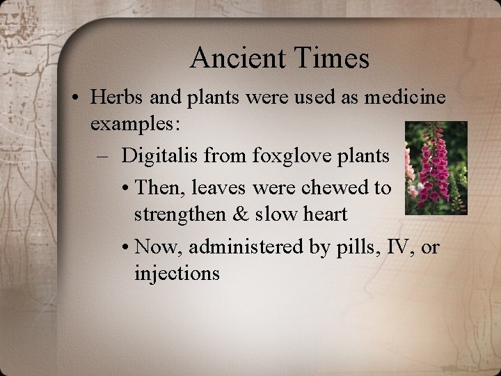 Ancient Times • Herbs and plants were used as medicine examples: – Digitalis from