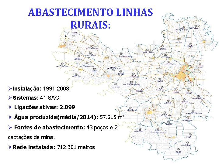 ABASTECIMENTO LINHAS RURAIS: Instalação: 1991 -2008 Sistemas: 41 SAC Ligações ativas: 2. 099 Água