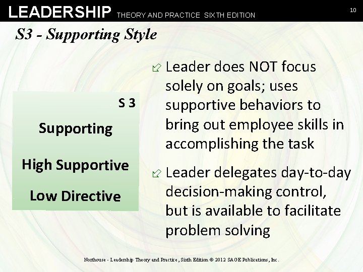 LEADERSHIP THEORY AND PRACTICE SIXTH EDITION S 3 - Supporting Style 10 ÷ Leader