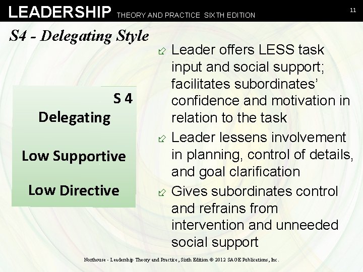 LEADERSHIP THEORY AND PRACTICE SIXTH EDITION S 4 - Delegating Style 11 ÷ Leader