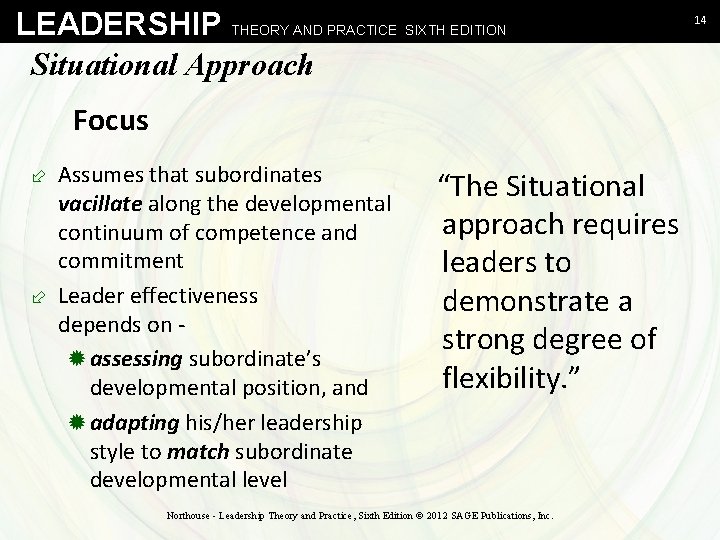 LEADERSHIP THEORY AND PRACTICE SIXTH EDITION Situational Approach Focus ÷ Assumes that subordinates vacillate