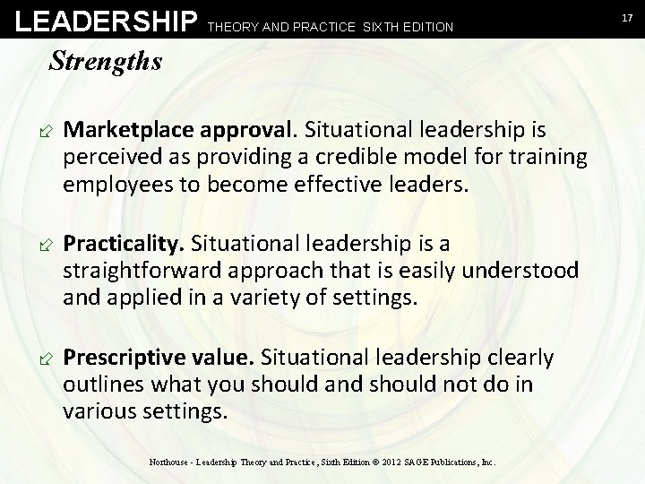 LEADERSHIP THEORY AND PRACTICE SIXTH EDITION Strengths ÷ Marketplace approval. Situational leadership is perceived