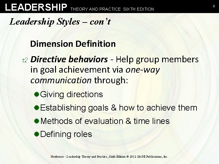 LEADERSHIP THEORY AND PRACTICE SIXTH EDITION Leadership Styles – con’t Dimension Definition ÷ Directive