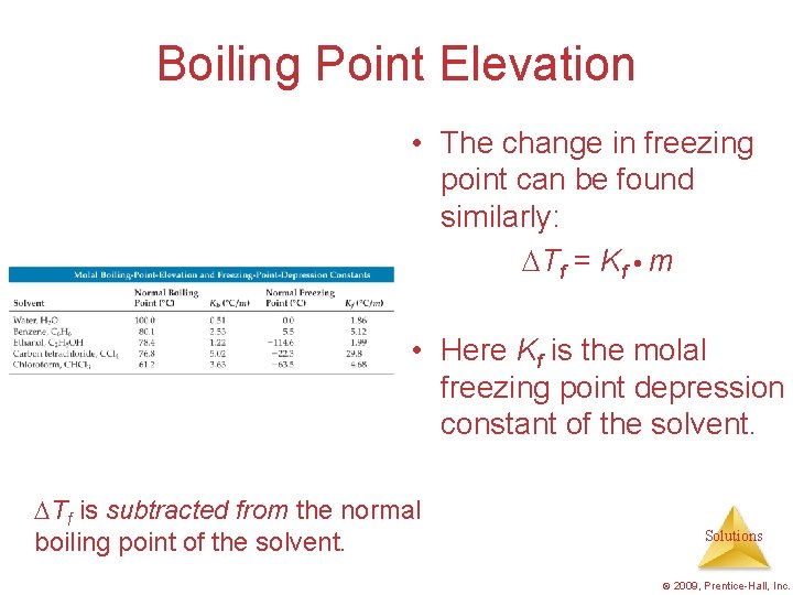 Boiling Point Elevation • The change in freezing point can be found similarly: Tf