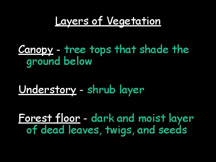 Layers of Vegetation Canopy - tree tops that shade the ground below Understory -