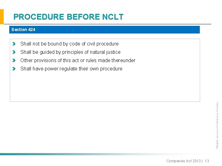 PROCEDURE BEFORE NCLT Section 424 Shall not be bound by code of civil procedure