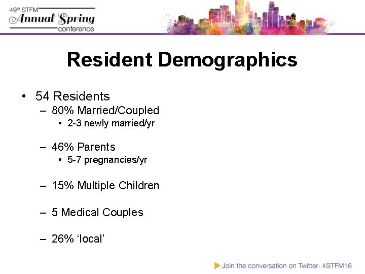 Resident Demographics • 54 Residents – 80% Married/Coupled • 2 -3 newly married/yr –