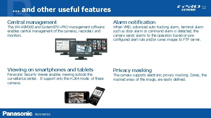 … and other useful features 12 Central management Alarm notification Viewing on smartphones and