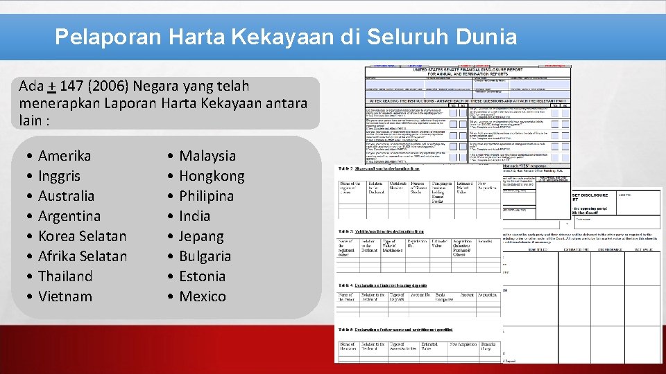 Pelaporan Harta Kekayaan di Seluruh Dunia Definisi LHKPN Ada + 147 (2006) Negara yang