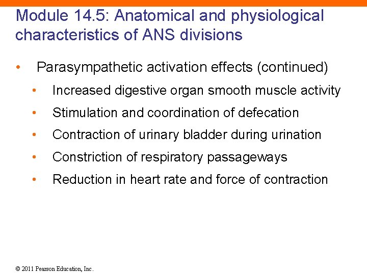 Module 14. 5: Anatomical and physiological characteristics of ANS divisions • Parasympathetic activation effects