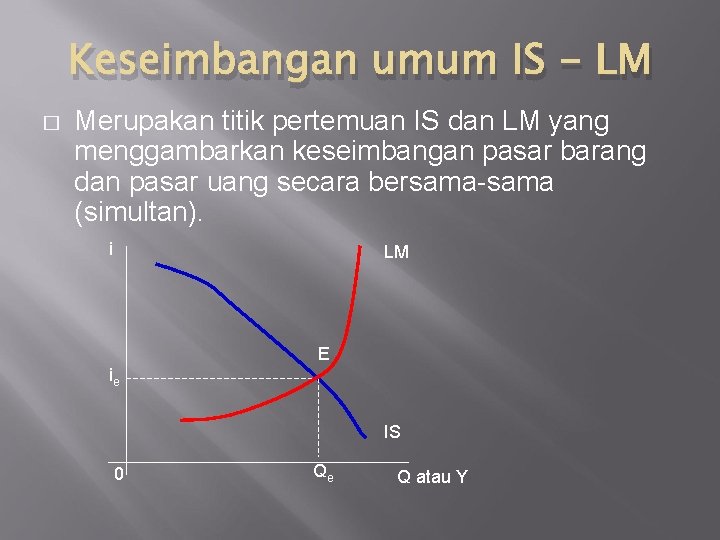 Keseimbangan umum IS - LM � Merupakan titik pertemuan IS dan LM yang menggambarkan
