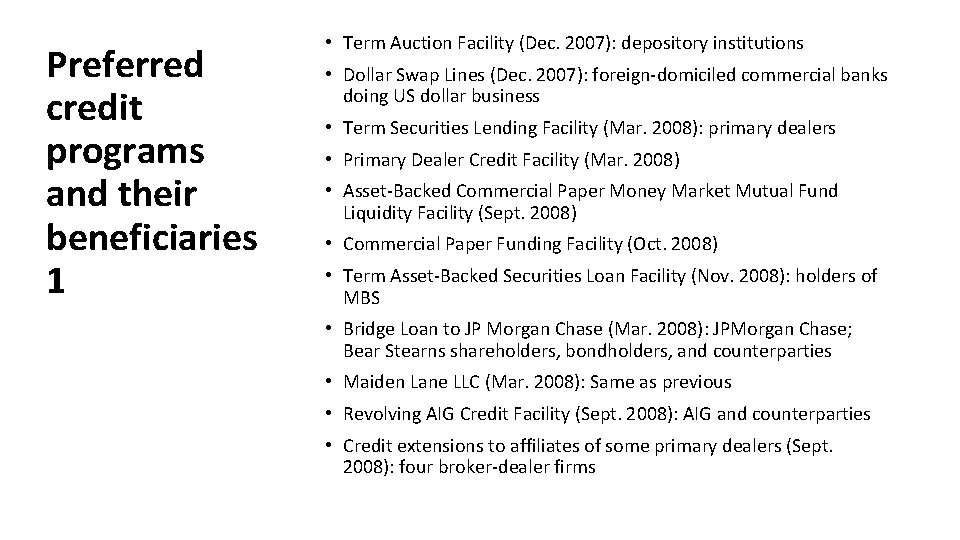 Preferred credit programs and their beneficiaries 1 • Term Auction Facility (Dec. 2007): depository