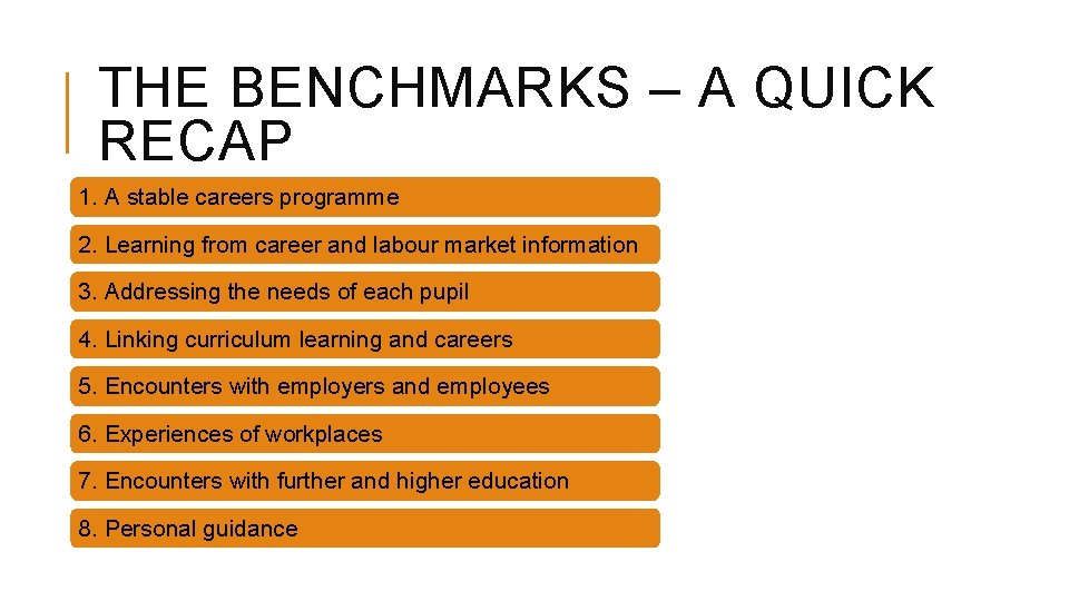 THE BENCHMARKS – A QUICK RECAP 1. A stable careers programme 2. Learning from