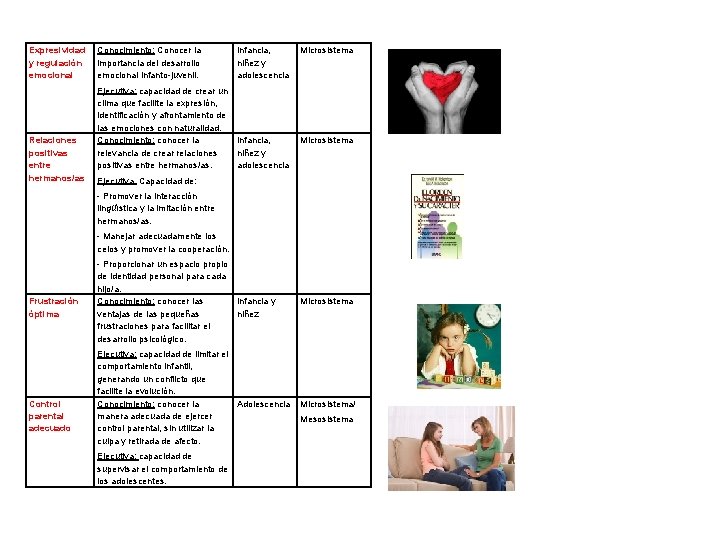 Expresividad y regulación emocional Relaciones positivas entre hermanos/as Conocimiento: Conocer la importancia del desarrollo