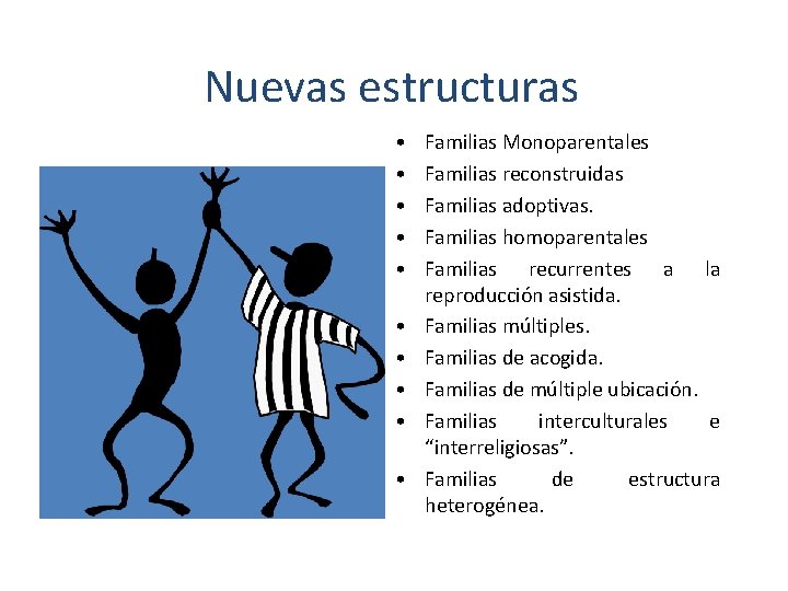 Nuevas estructuras • • • Familias Monoparentales Familias reconstruidas Familias adoptivas. Familias homoparentales Familias