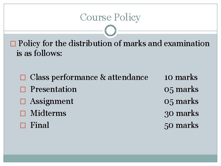Course Policy � Policy for the distribution of marks and examination is as follows: