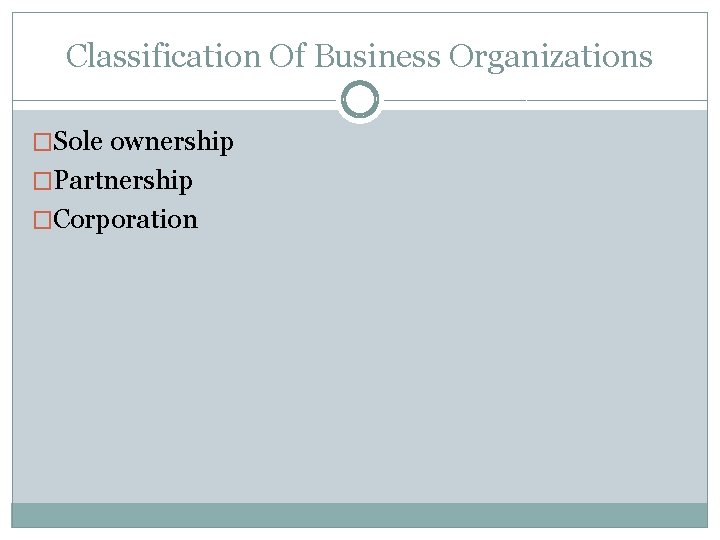 Classification Of Business Organizations �Sole ownership �Partnership �Corporation 