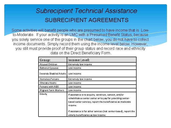 Subrecipient Technical Assistance SUBRECIPIENT AGREEMENTS Some activities will benefit people who are presumed to
