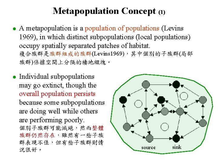 Metapopulation Concept (1) l A metapopulation is a population of populations (Levins 1969), in