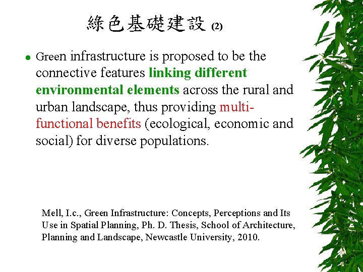 綠色基礎建設 (2) l Green infrastructure is proposed to be the connective features linking different