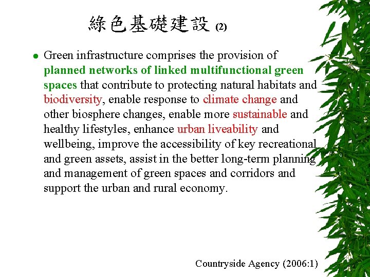 綠色基礎建設 (2) l Green infrastructure comprises the provision of planned networks of linked multifunctional