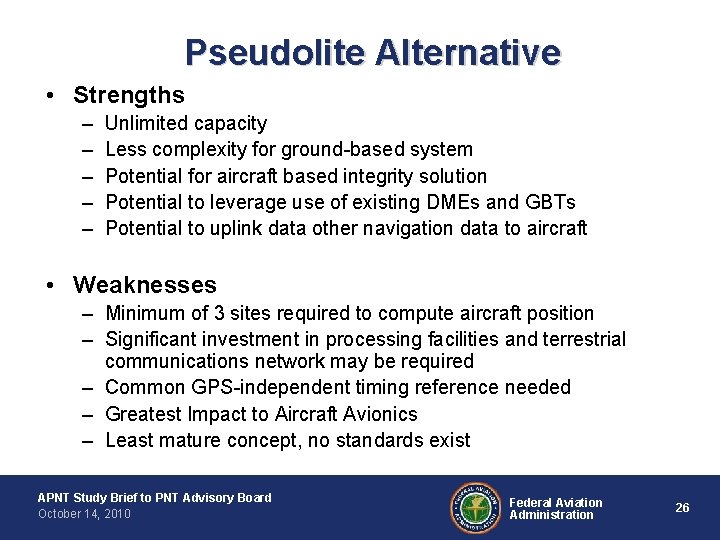 Pseudolite Alternative • Strengths – – – Unlimited capacity Less complexity for ground-based system