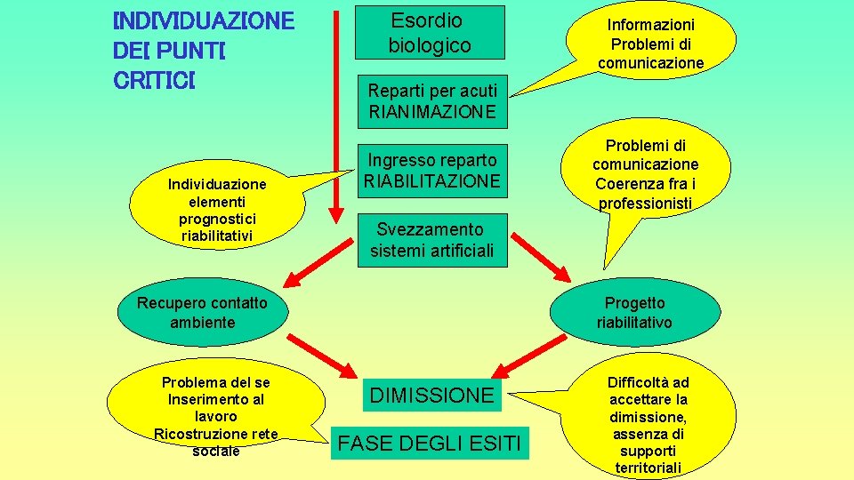 INDIVIDUAZIONE DEI PUNTI CRITICI Individuazione elementi prognostici riabilitativi Esordio biologico Reparti per acuti RIANIMAZIONE