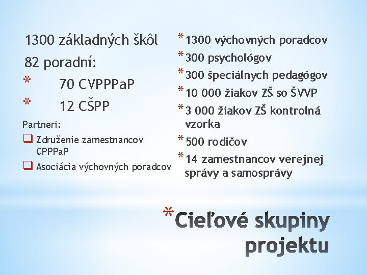 *1300 výchovných poradcov *300 psychológov *300 špeciálnych pedagógov *10 000 žiakov ZŠ so ŠVVP