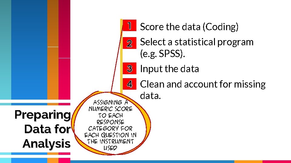 1 Score the data (Coding) 2 Select a statistical program (e. g. SPSS). 3 1 Score the data (Coding) 2 Select a statistical program (e. g. SPSS). 3