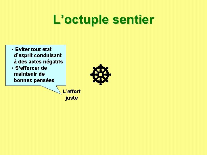 L’octuple sentier • Eviter tout état d’esprit conduisant à des actes négatifs • S’efforcer L’octuple sentier • Eviter tout état d’esprit conduisant à des actes négatifs • S’efforcer