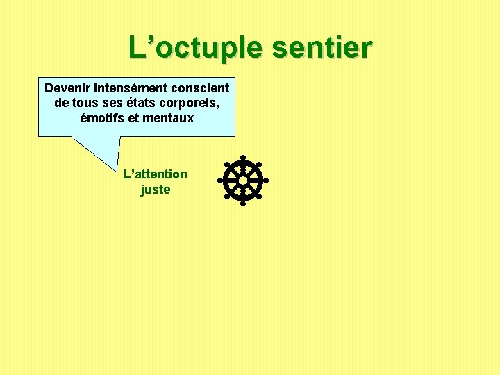 L’octuple sentier Devenir intensément conscient de tous ses états corporels, émotifs et mentaux L’attention L’octuple sentier Devenir intensément conscient de tous ses états corporels, émotifs et mentaux L’attention