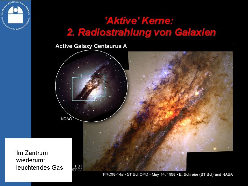 'Aktive' Kerne: 2. Radiostrahlung von Galaxien Im Zentrum wiederum: leuchtendes Gas 