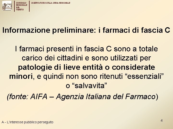 CONSIGLIO REGIONALE DEL VENETO OSSERVATORIO SULLA SPESA REGIONALE Informazione preliminare: i farmaci di fascia